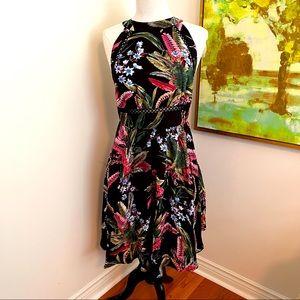 Lace insert and elastic shirred dress